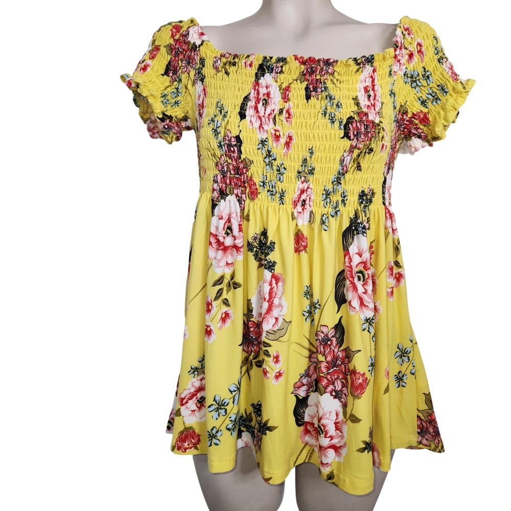 Bobbie Brooks NEW Yellow Floral Smocked Off Shoulder Top Womens XL SS21 2-774-18